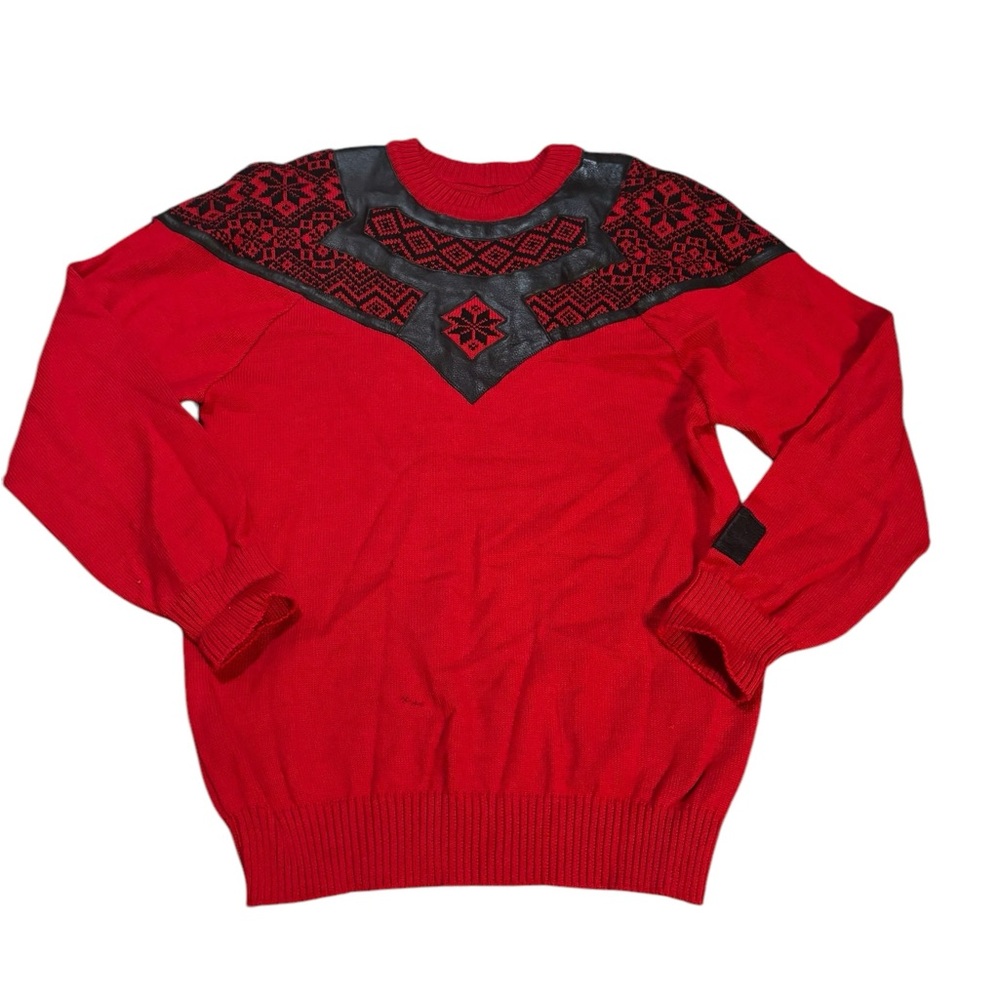 In Wild Norway Fair Isle Knit Wool and Leather Sweater Red and Black Size Medium